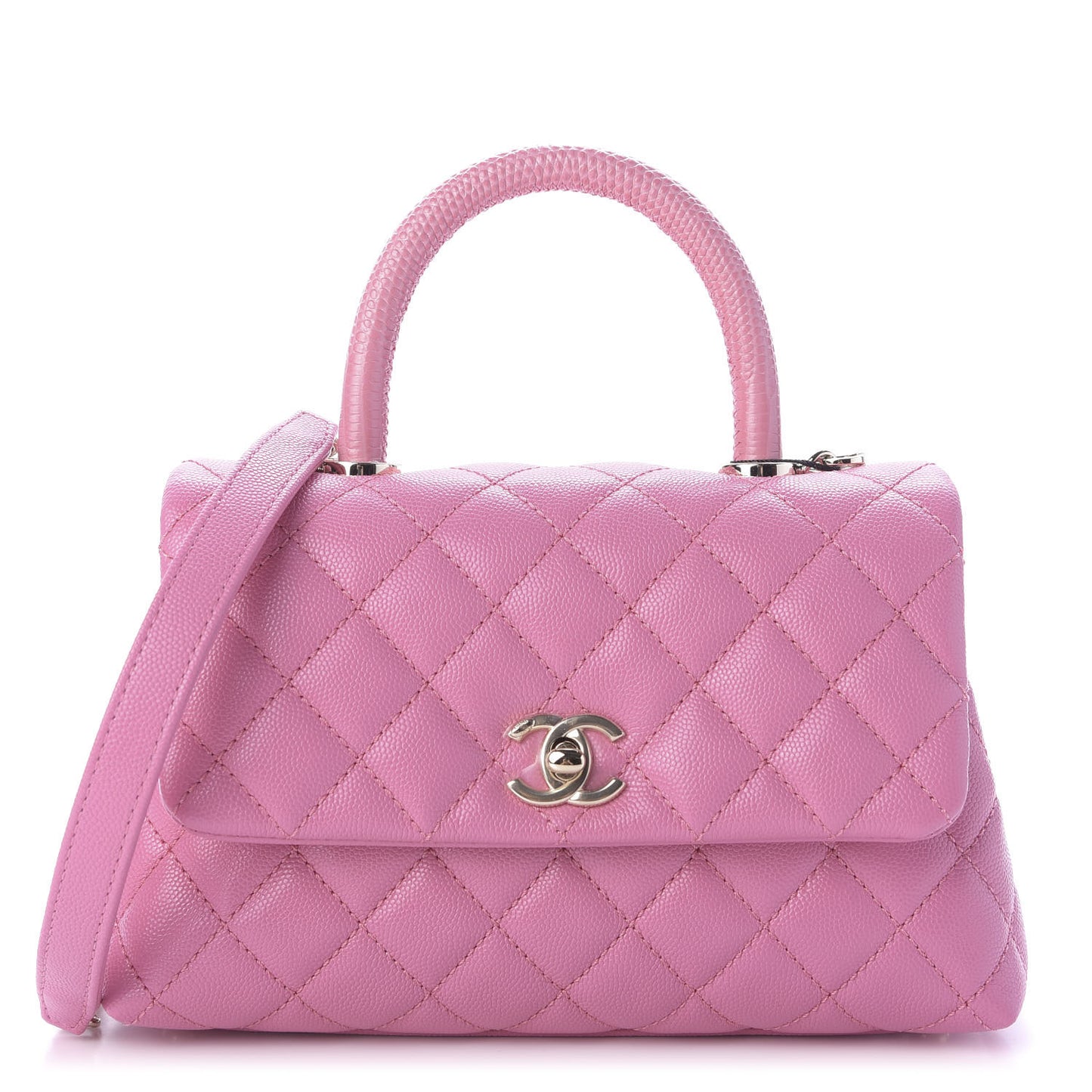 Caviar Lizard Embossed Quilted Mini Coco Handle Flap Pink