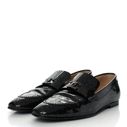 Chanel Patent Crackled Calfskin CC Mocassin Loafers 38 Black 3 of 10