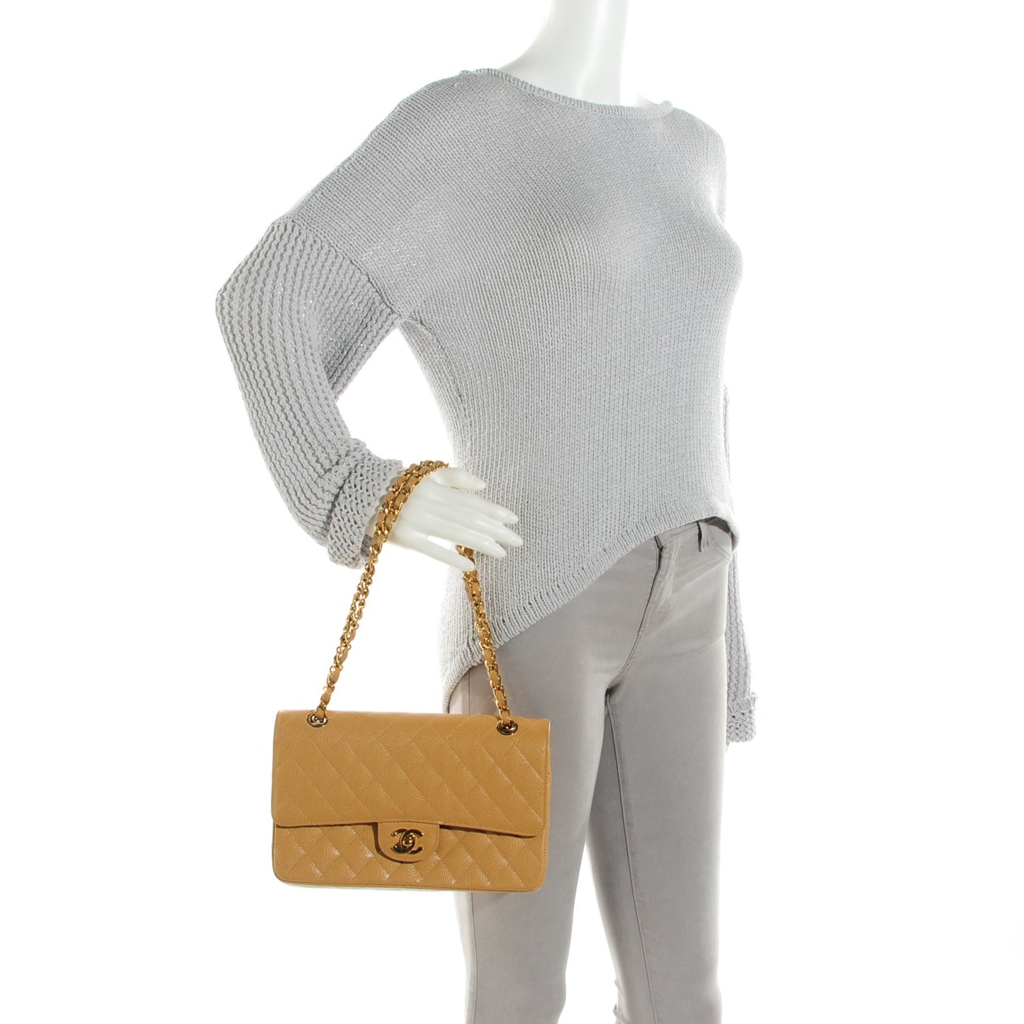 Caviar Quilted Medium Double Flap Beige