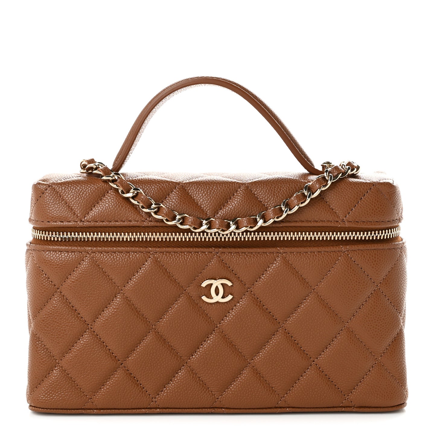 Caviar Quilted Top Handle Slim Vanity With Chain Camel