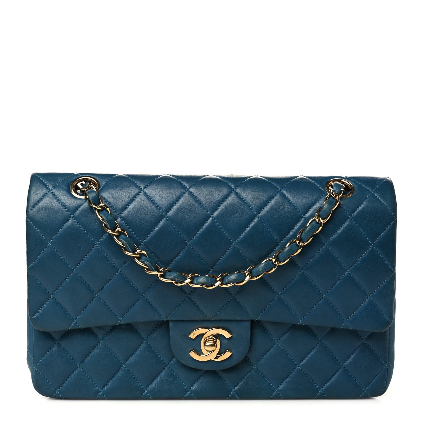 Lambskin Quilted Medium Double Flap Dark Blue