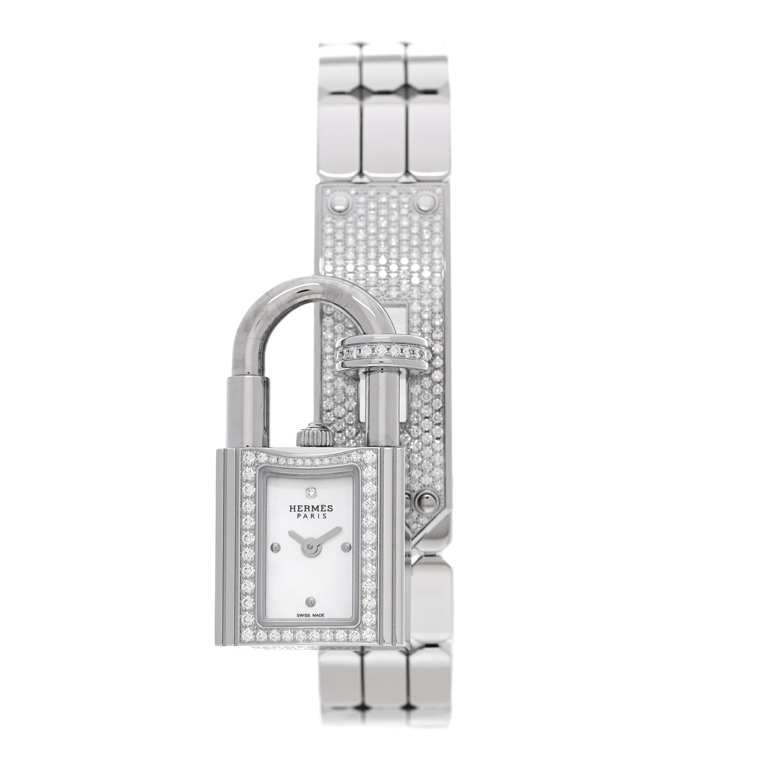 Hermes Stainless Steel Diamond Pave 16mm Kelly Quartz Watch 1 of 7