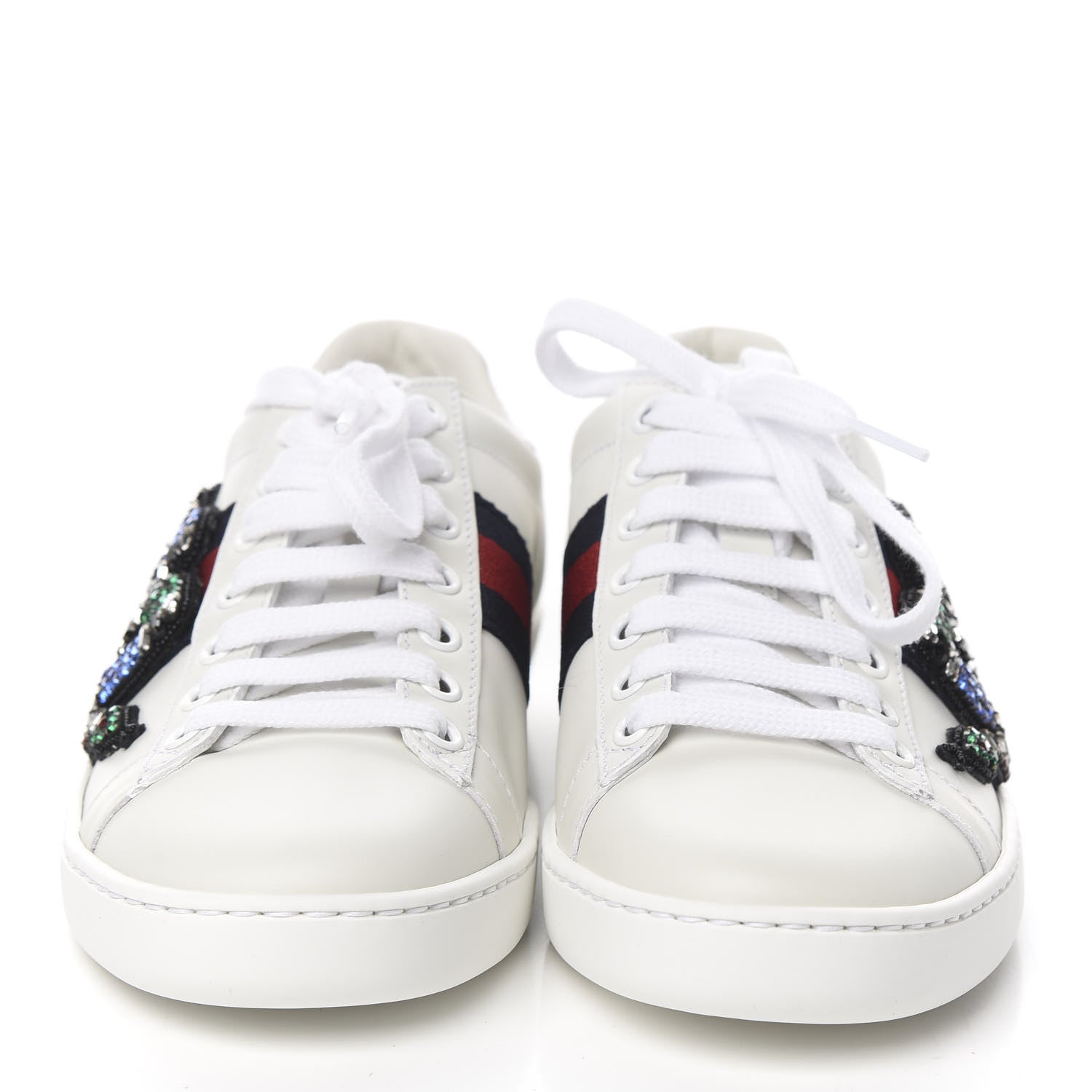 Gucci Calfskin Ayers Crystal Web Kingsnake Embroidered Womens Ace Sneakers 34.5 Green Red 2 of 10