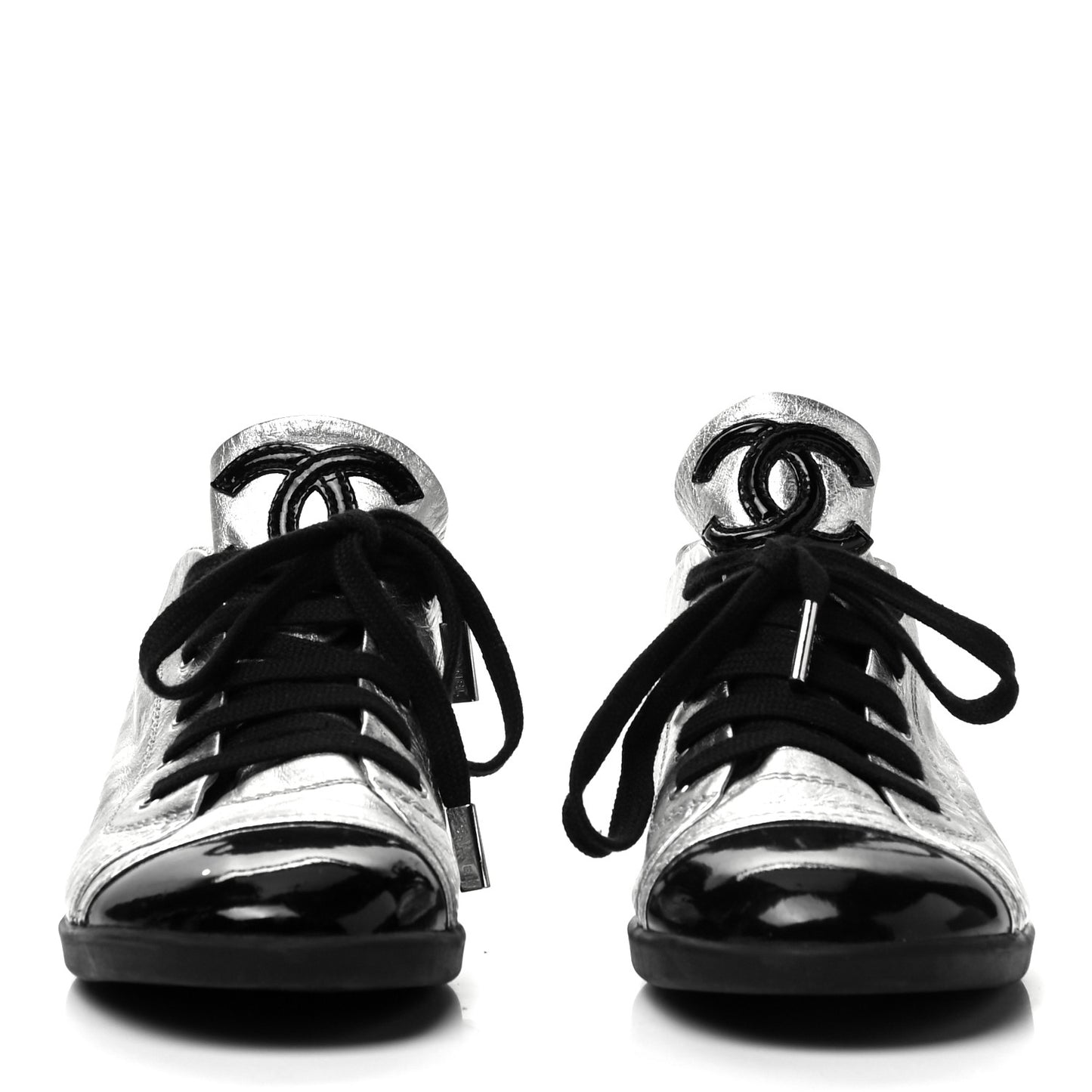 Metallic Lambskin Patent Cap Toe CC Sneakers 39.5 Silver Black