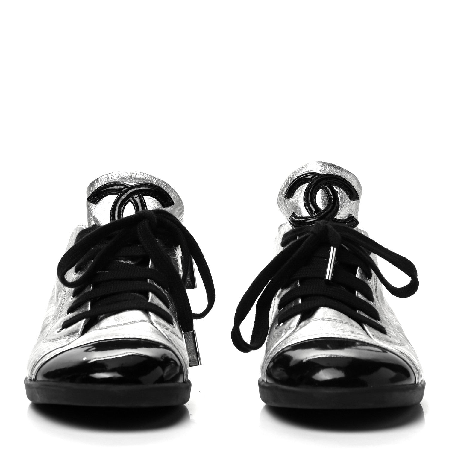 Chanel Metallic Lambskin Patent Cap Toe CC Sneakers 39.5 Silver Black 4 of 17