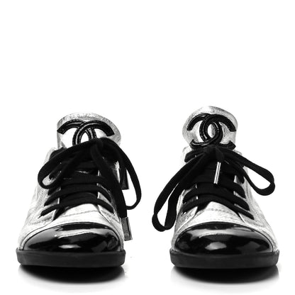 Chanel Metallic Lambskin Patent Cap Toe CC Sneakers 39.5 Silver Black 4 of 17