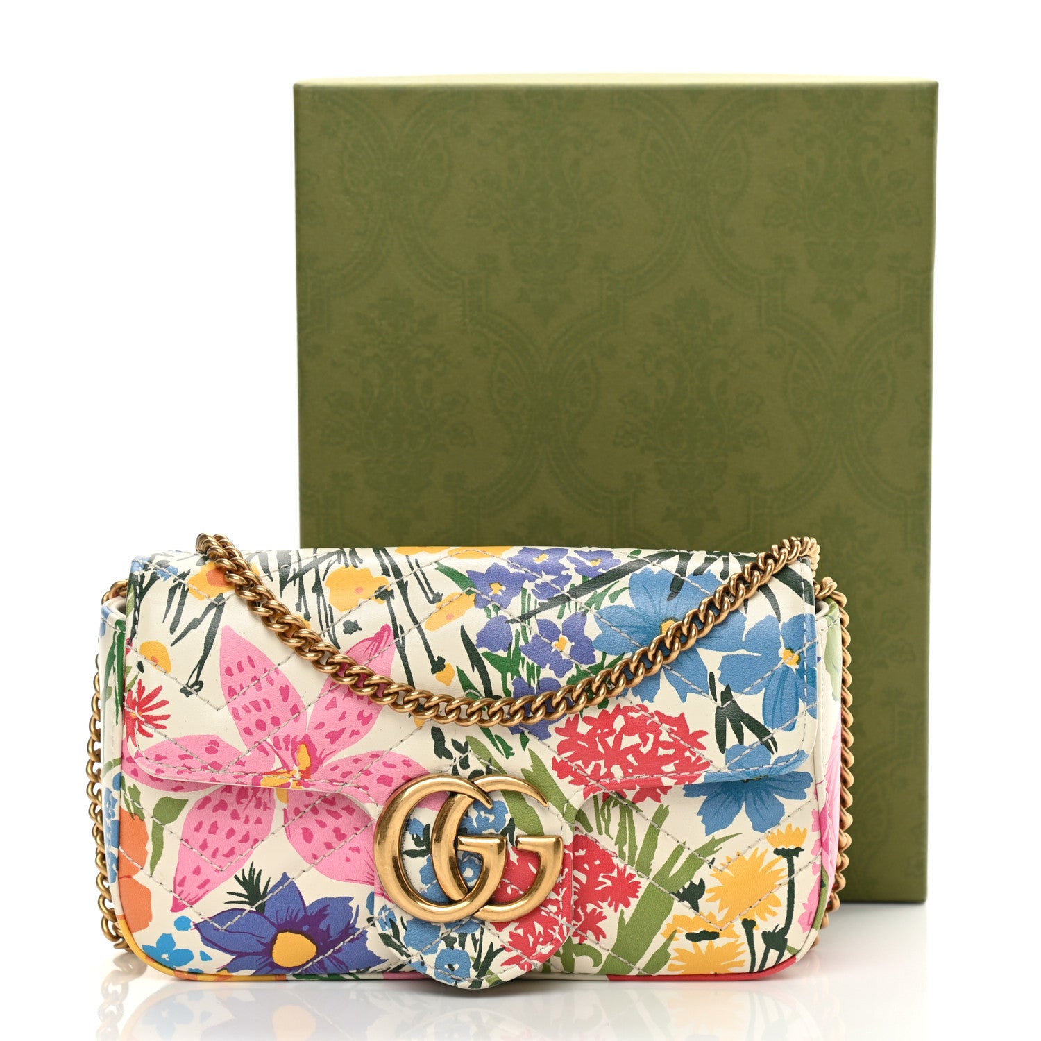 Gucci X KEN SCOTT Calfskin Matelasse Floral Print Super Mini GG Marmont Shoulder Bag Ivory Pink 13 of 13