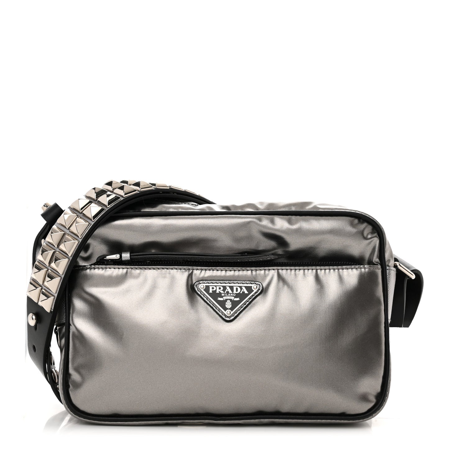Metallic Tessuto Nylon Metal Studded Shoulder Bag Ferro Black