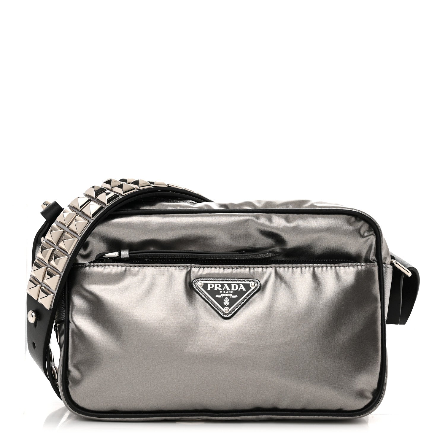 Prada Metallic Tessuto Nylon Metal Studded Shoulder Bag Ferro Black 1 of 10