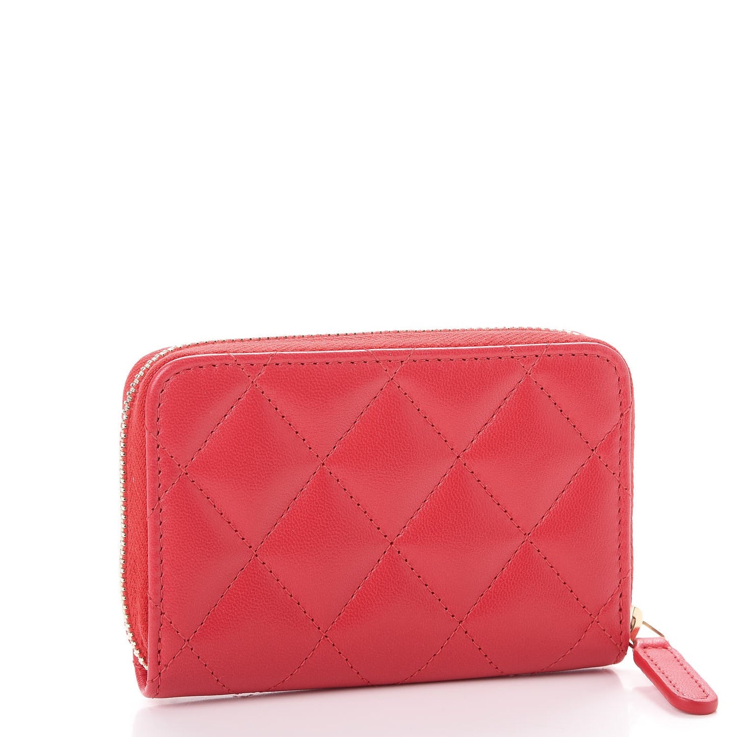 Lambskin Quilted Zip Around Coin Purse Wallet Light Red