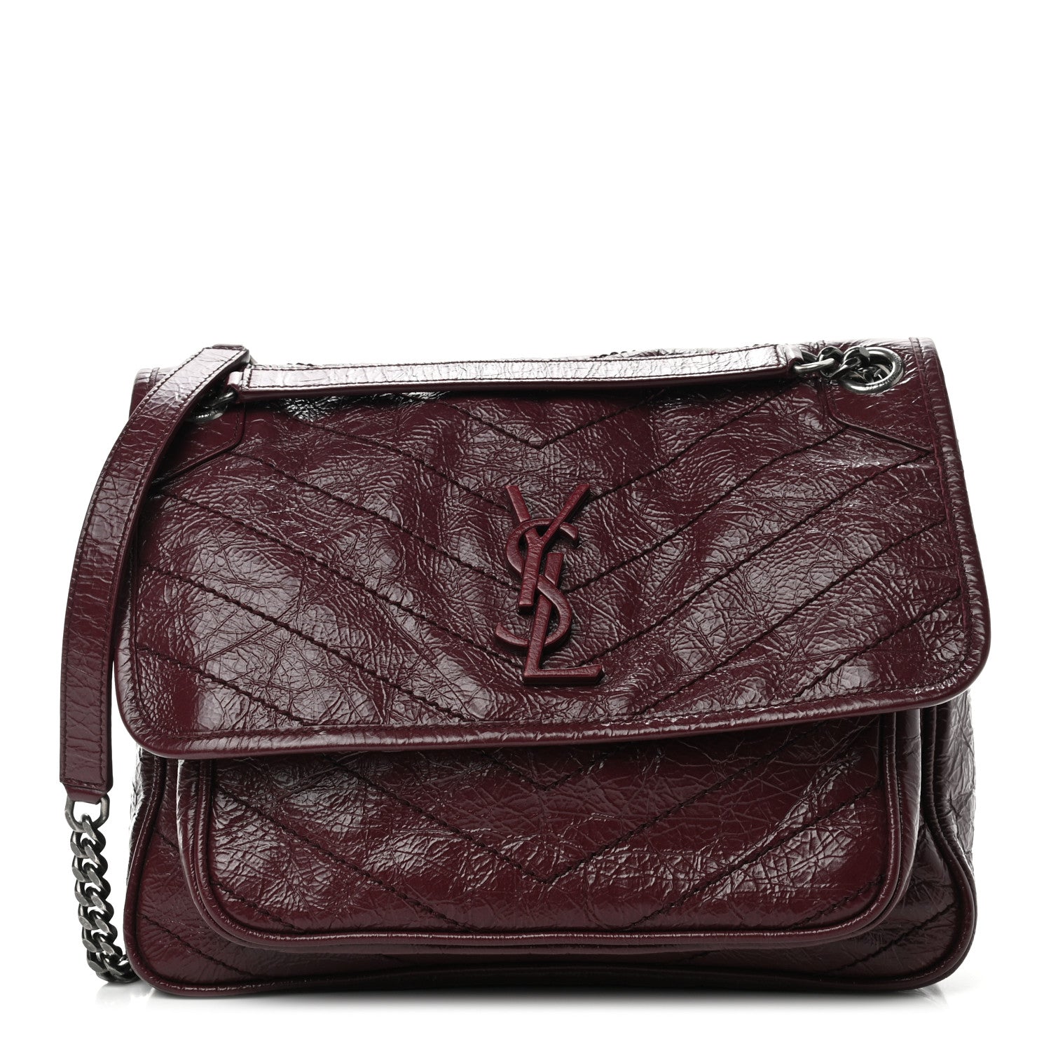 Saint Laurent Crinkled Calfskin Matelasse Monogram Medium Niki Chain Satchel Burgundy 1 of 9