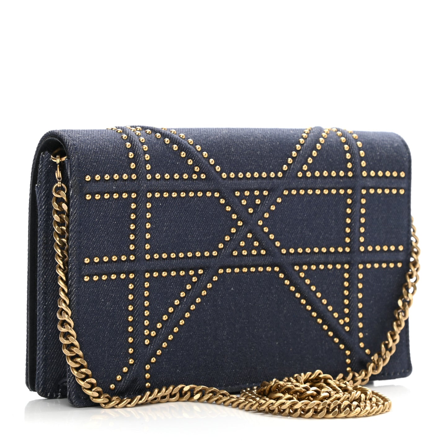 Denim Studded Diorama Wallet On Chain Blue