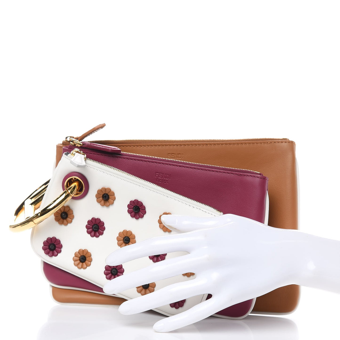 Calfskin F is Floral Triplette Pouch Set Multicolor