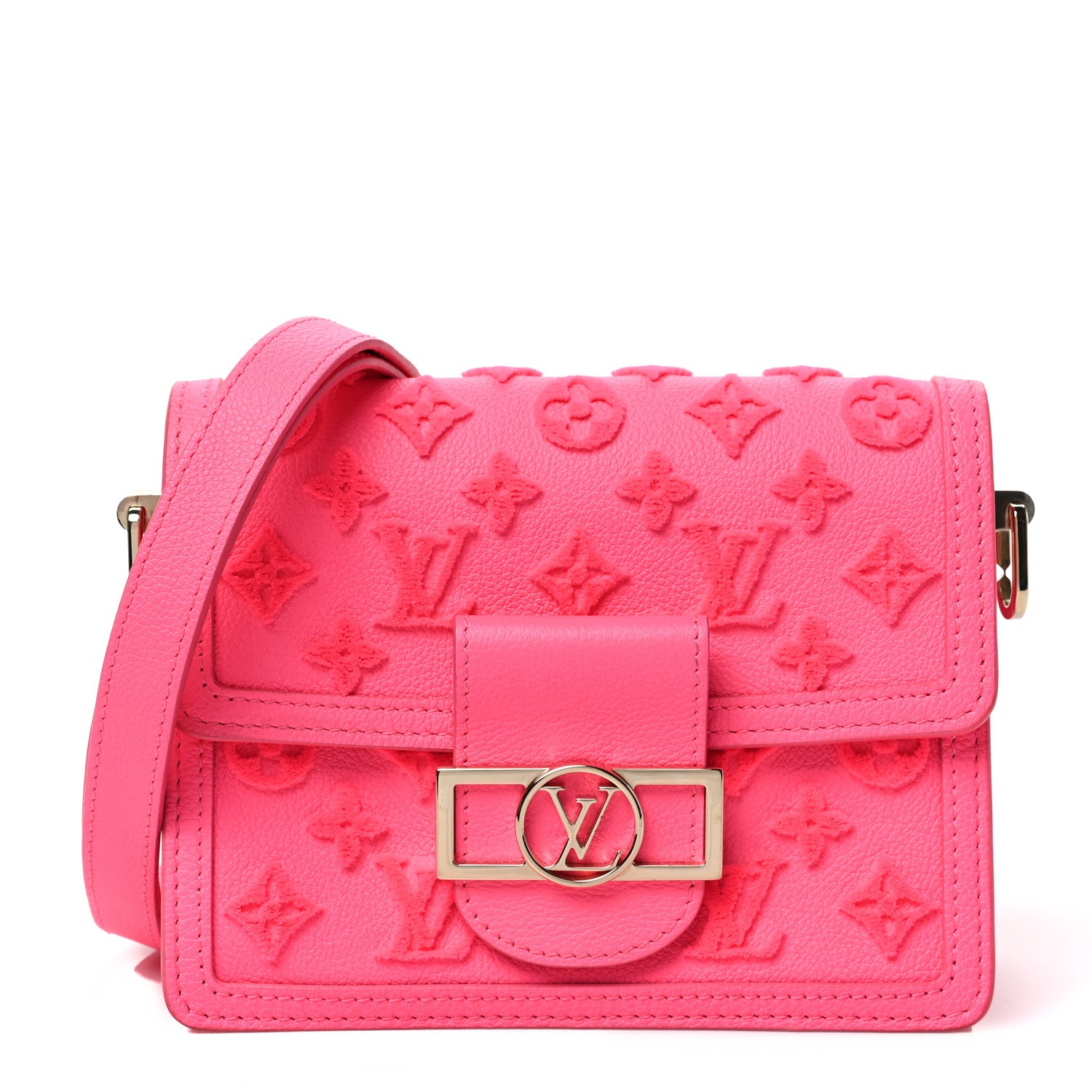 Louis Vuitton Grained Calfskin Tufted Monogram Mini Dauphine Fluo Pink 1 of 9