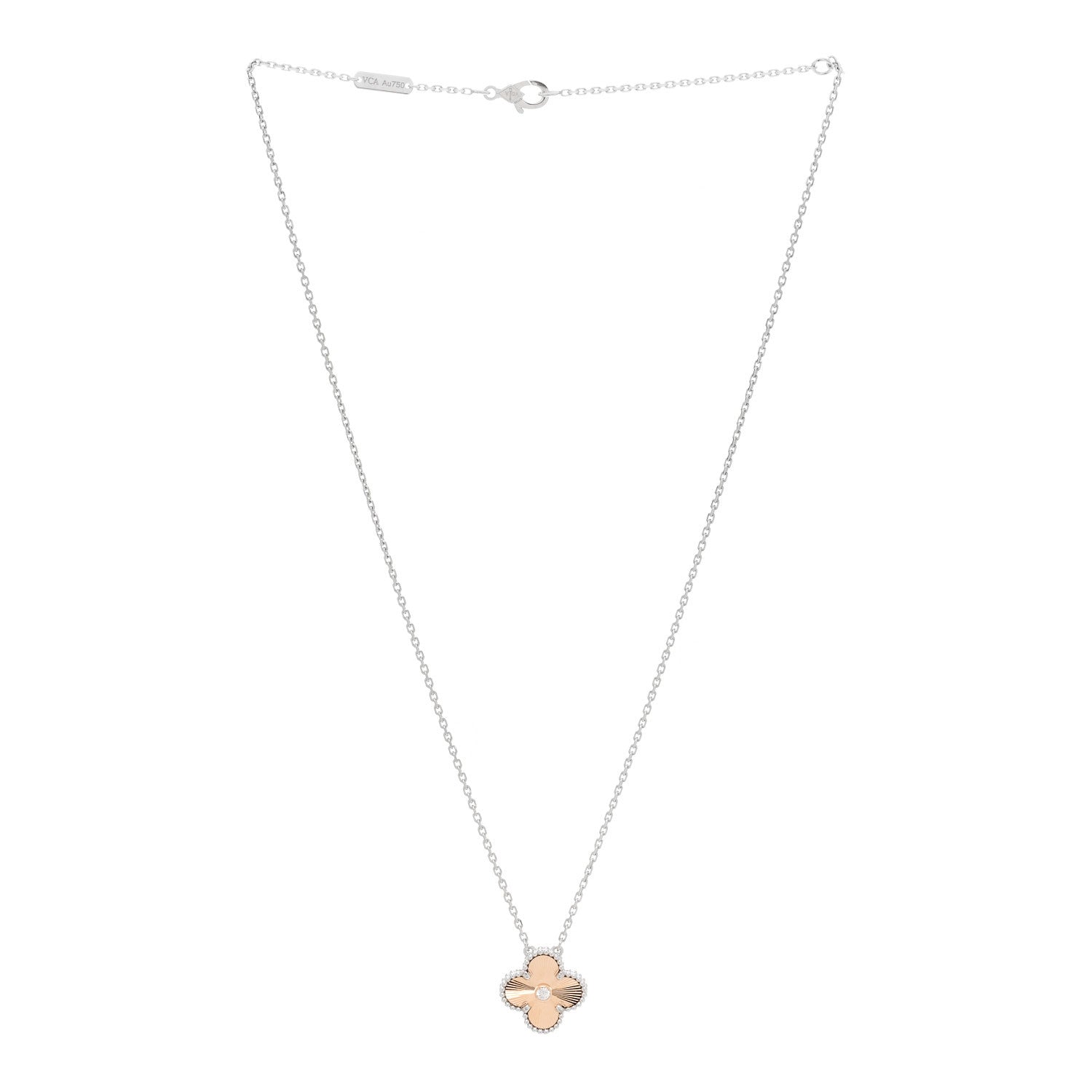 Van Cleef & Arpels 18K White Rose Gold Diamond Guilloche Vintage Alhambra Pendant Necklace 3 of 6