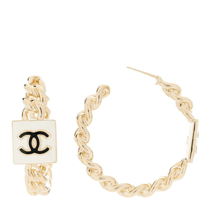 Chanel Metal Enamel CC Square Chain Hoop Earrings Gold White 1 of 5