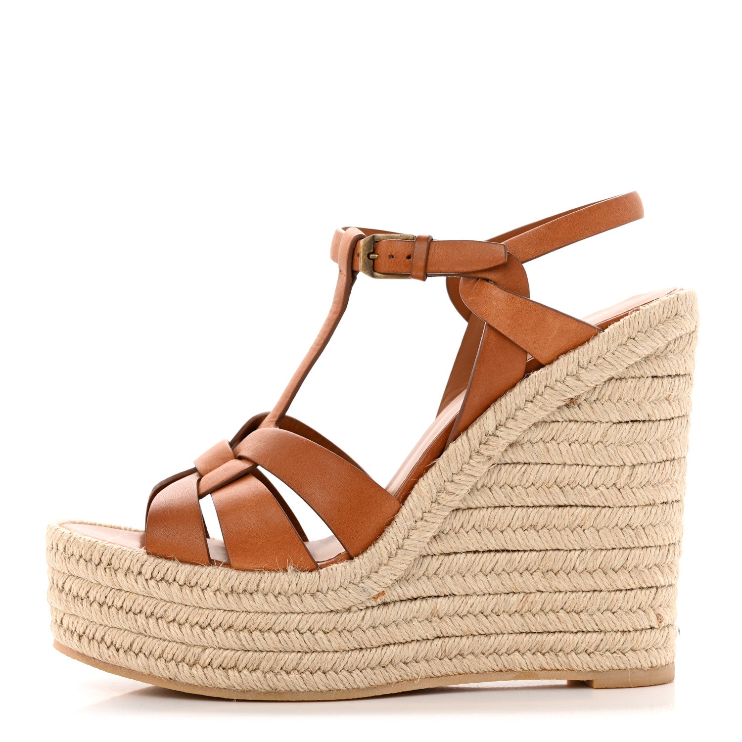 Saint Laurent Calfskin 85 Platform Espadrille Wedge Sandals 38 Brown 1 of 13
