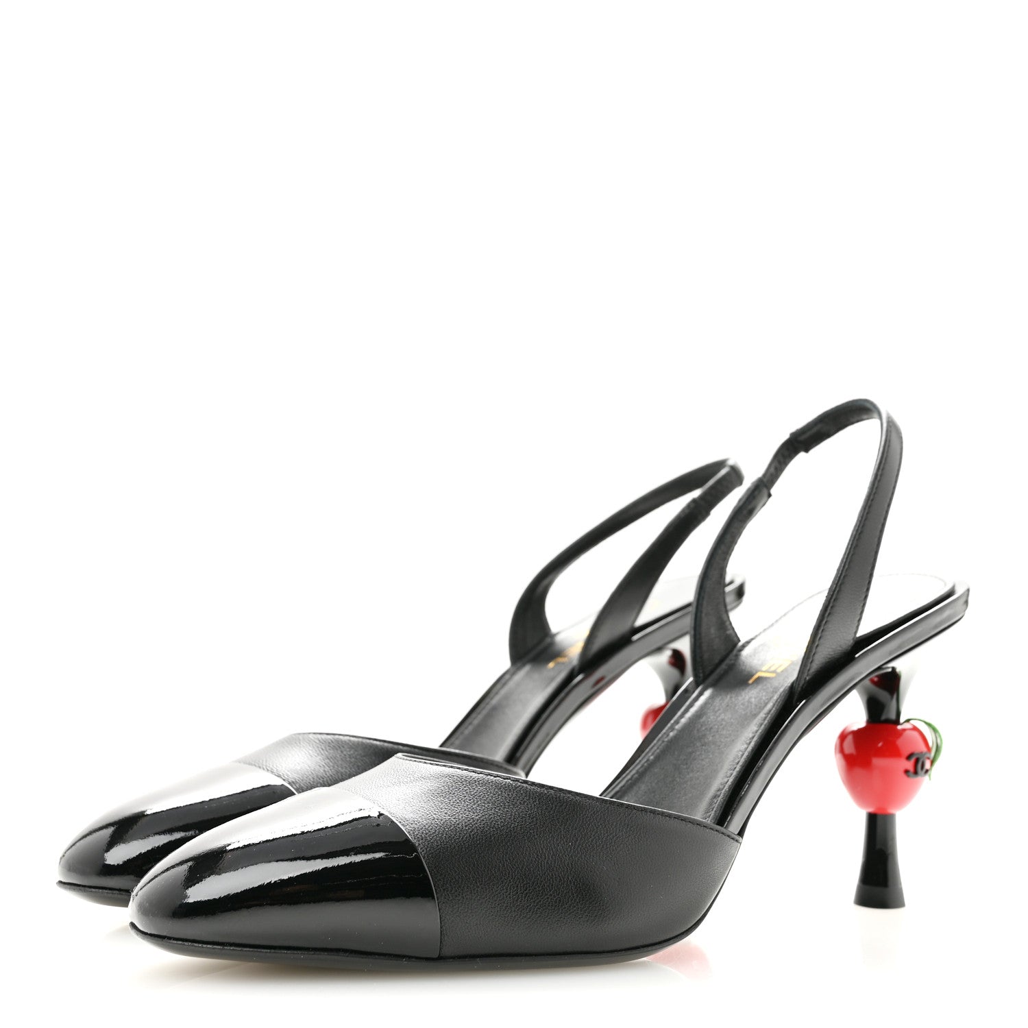 Chanel Lambskin Patent Calfskin Cap Toe CC Apple Slingback Pumps 38.5 Black 4 of 10
