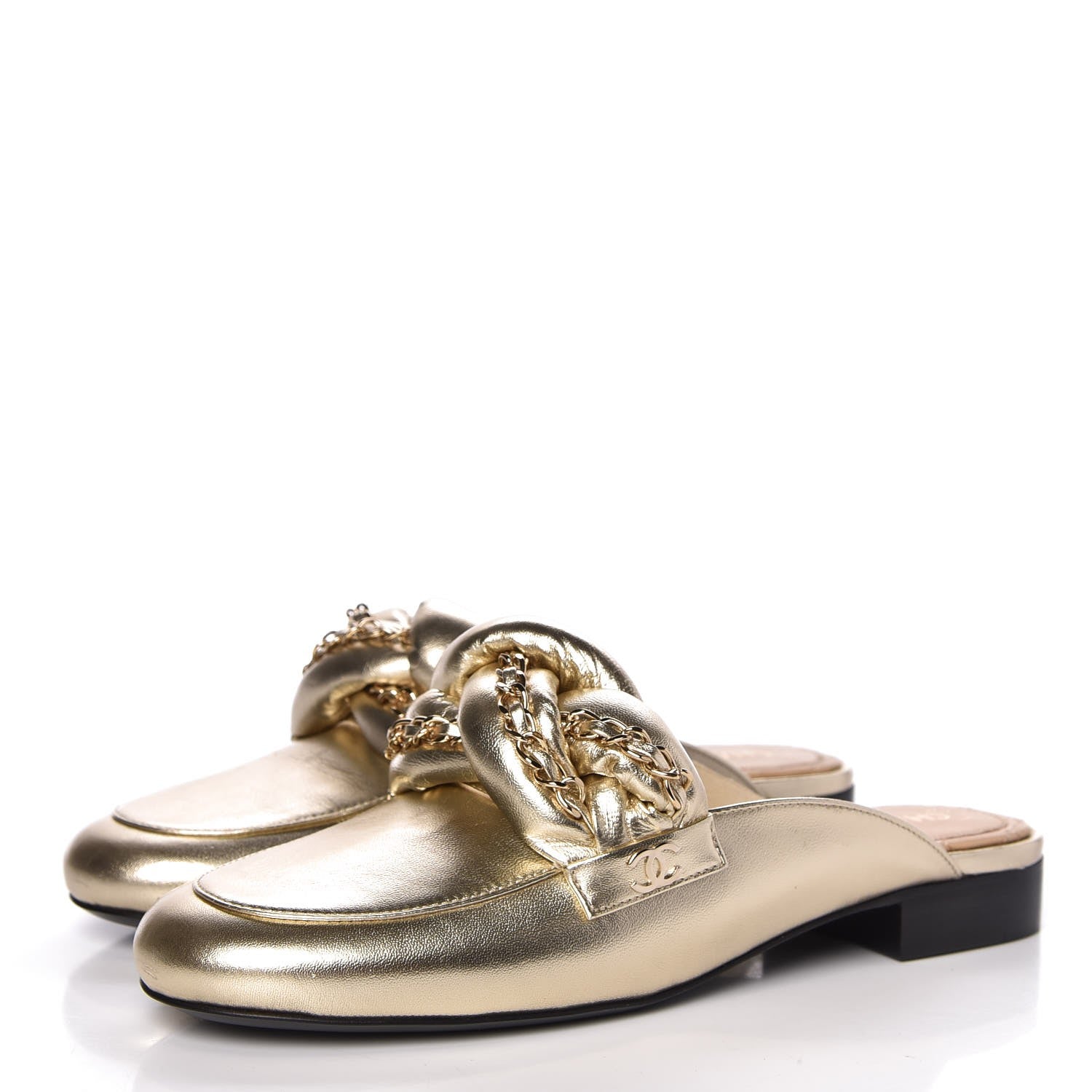 Chanel Metallic Lambskin Chain Braided Mules 37.5 Light Gold 3 of 9