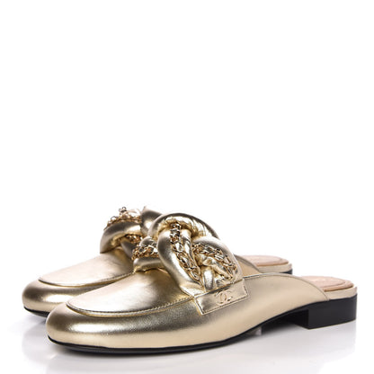 Chanel Metallic Lambskin Chain Braided Mules 37.5 Light Gold 3 of 9