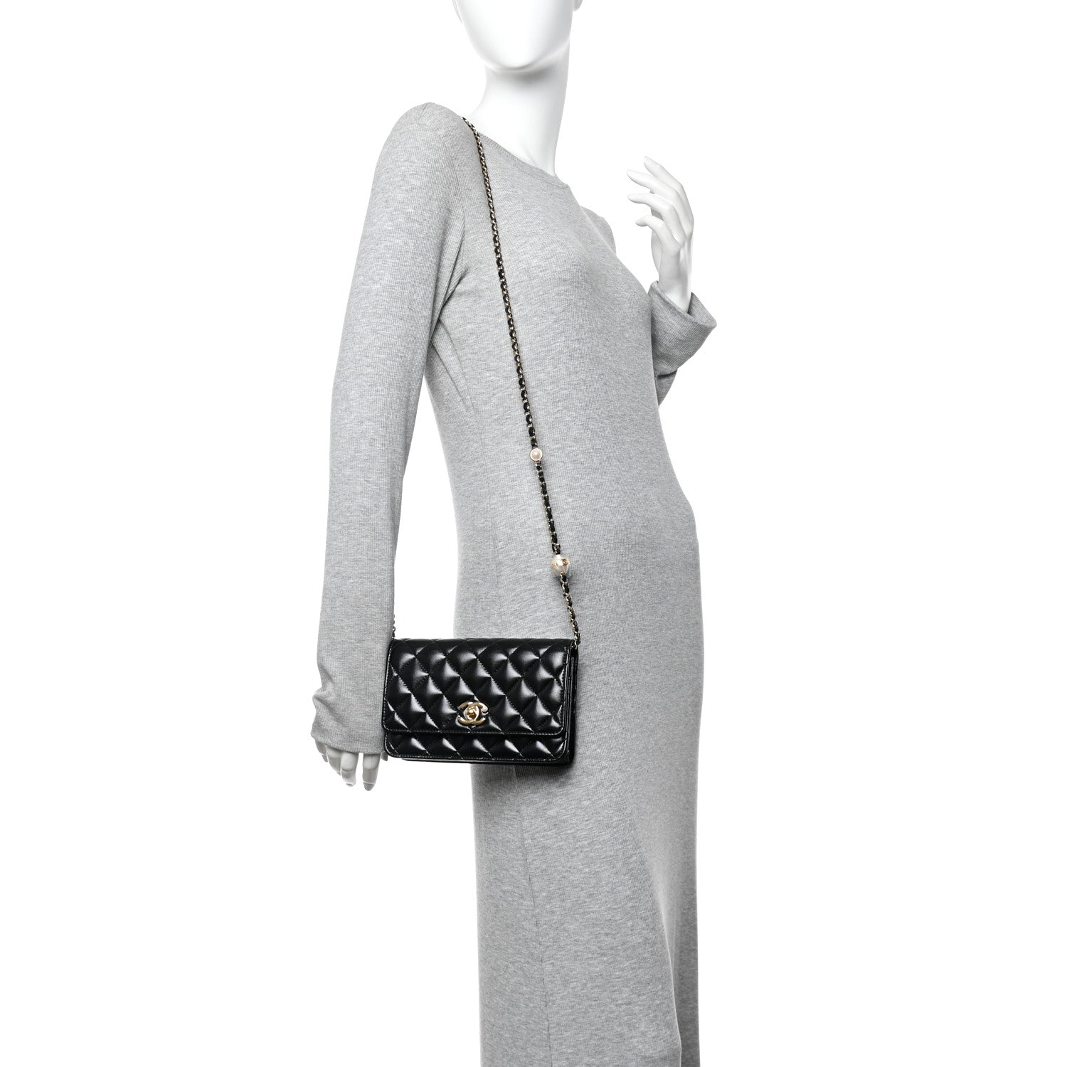 Chanel Shiny Lambskin Quilted CC Pearl Wallet on Chain WOC Black 2 of 12