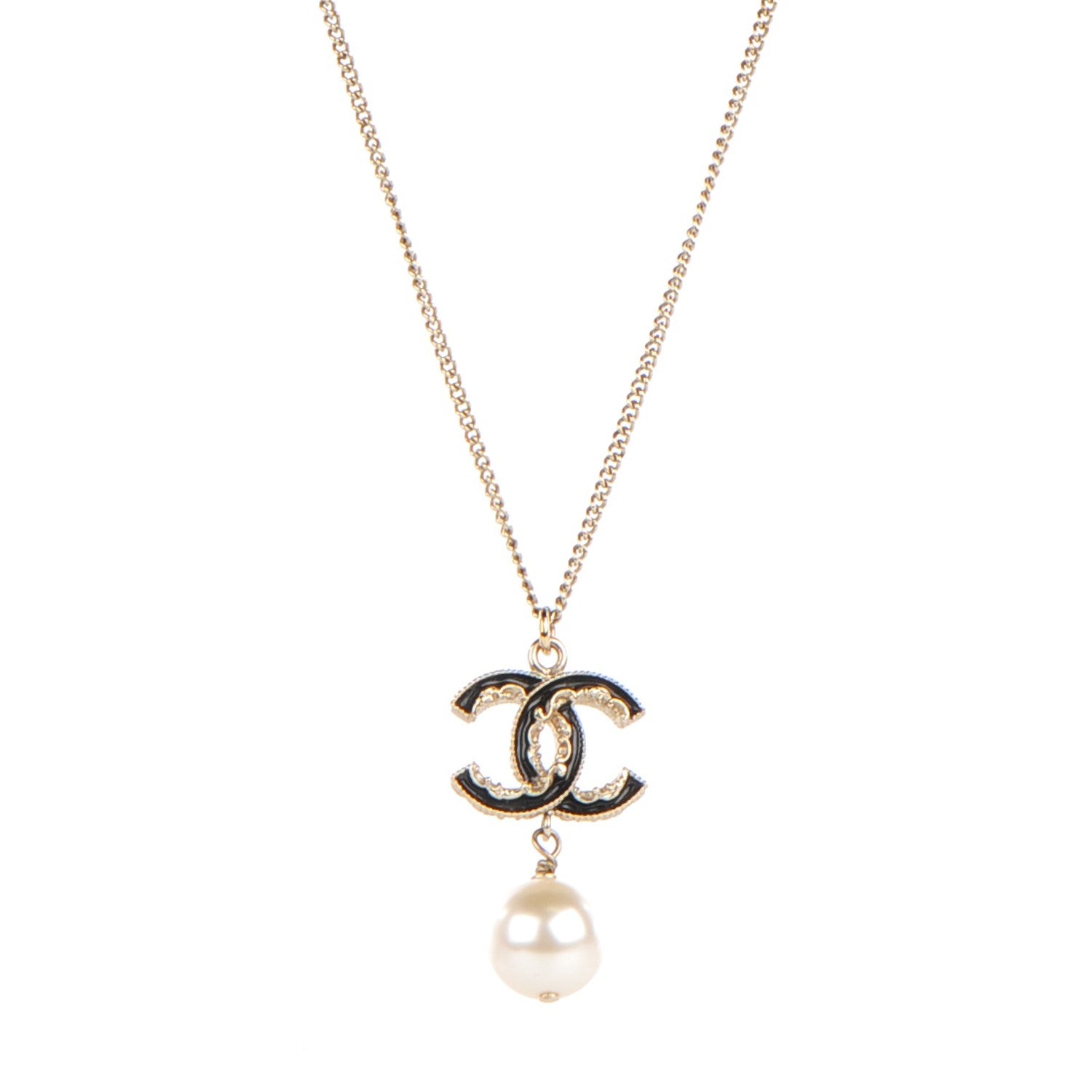 Chanel Enamel CC Pearl Drop Necklace Black Gold 1 of 4