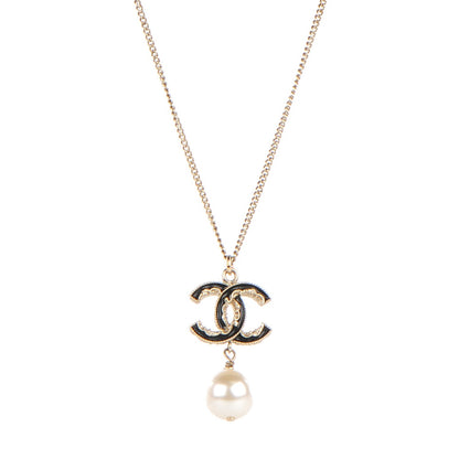 Chanel Enamel CC Pearl Drop Necklace Black Gold 1 of 4