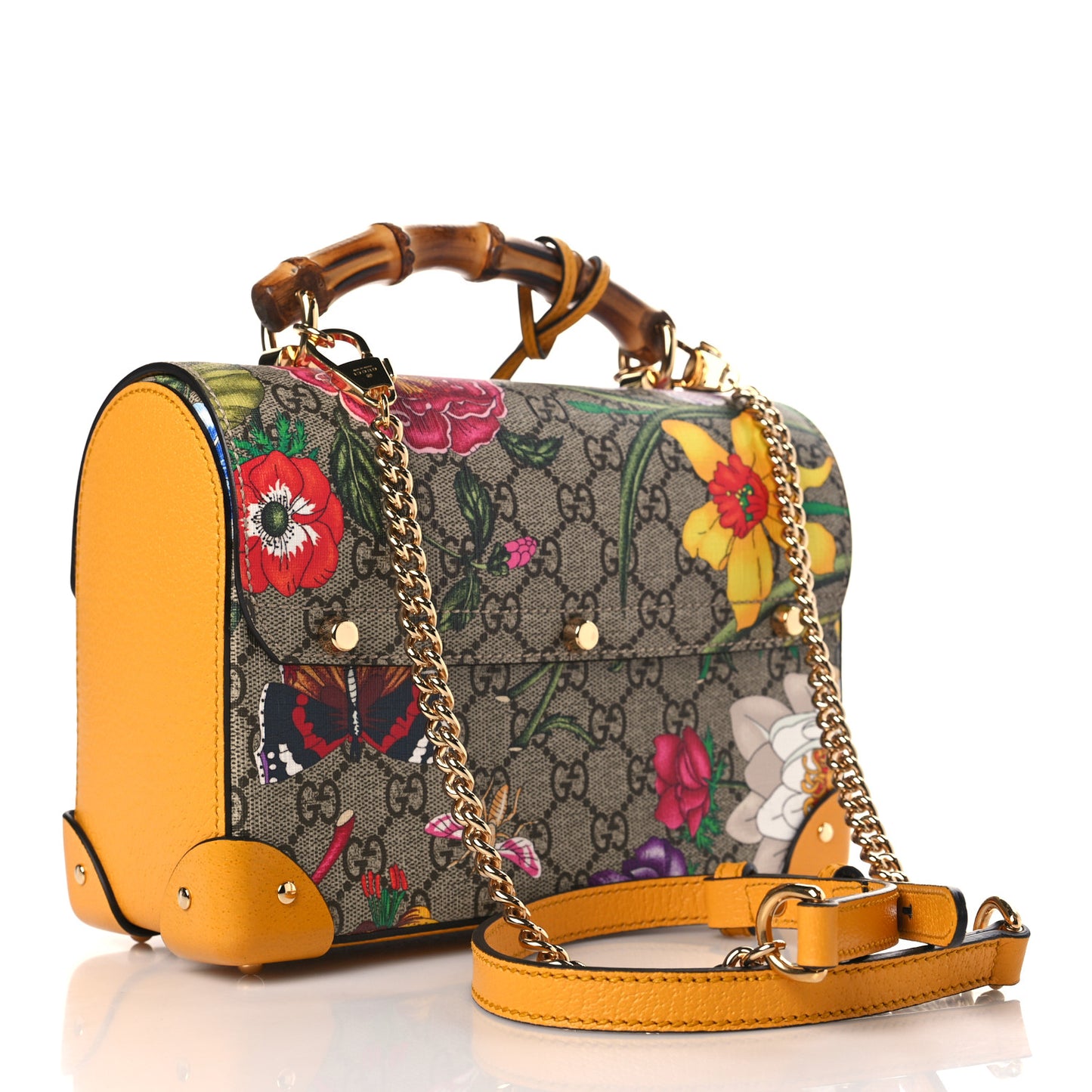 GG Supreme Monogram Flora Small Padlock Bamboo Shoulder Bag Beige Multicolor Crop