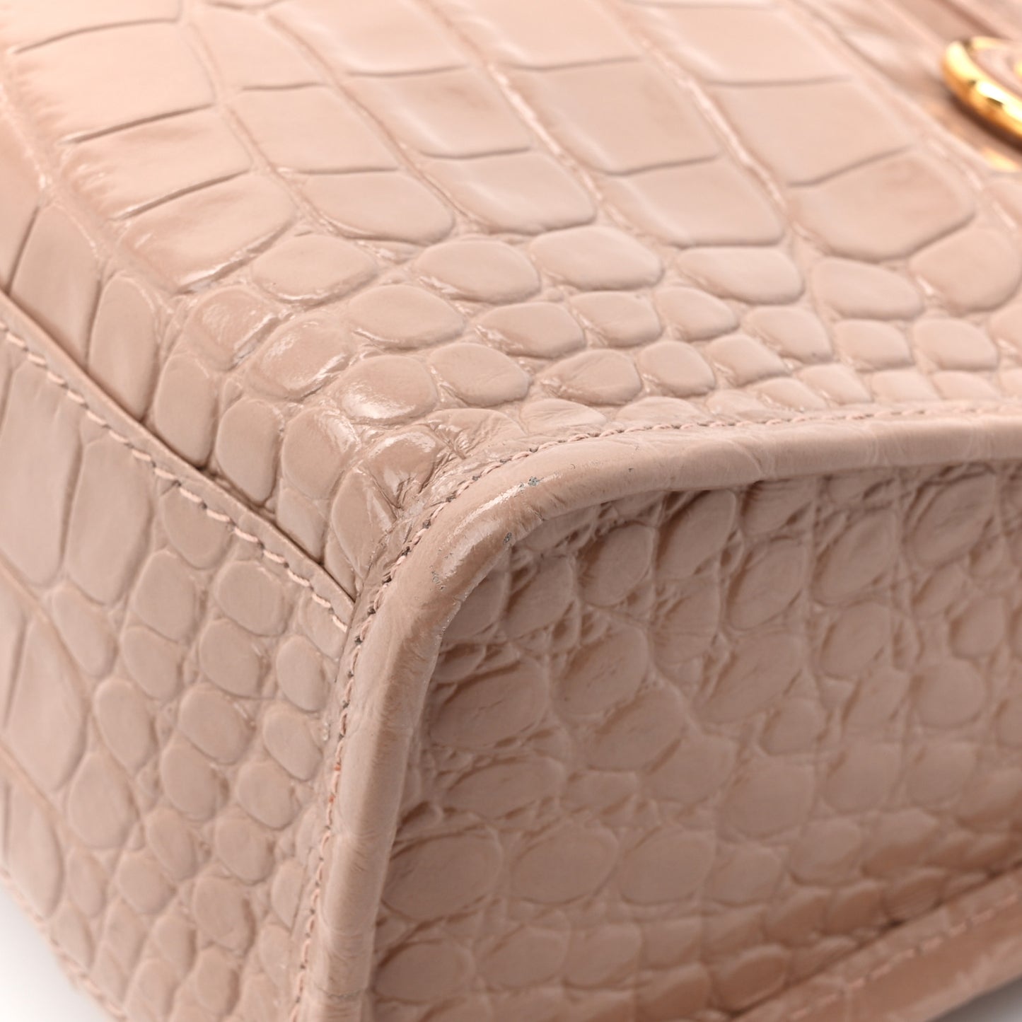 Shiny Supple Calfskin Crocodile Embossed Gold Metallic Edge Hardware Mini City Nude Beige