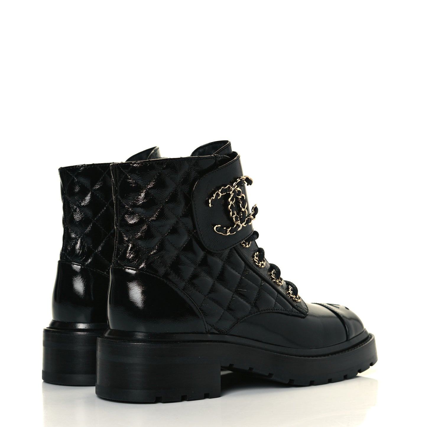 Shiny Calfskin Quilted Lace Up Combat Boots 37 Black