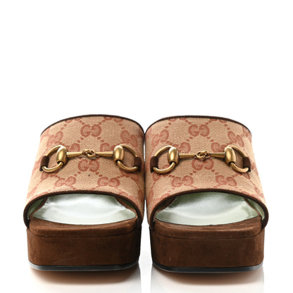 Gucci GG Monogram Kid Scamosciato Houdan Mid Heel Platform Slide Sandals 38.5 Beige Ruggine Maroon 2 of 8