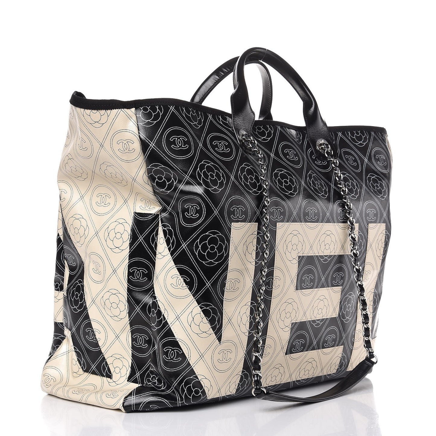 Coated Canvas Camellia Large Shopping Tote Black Beige