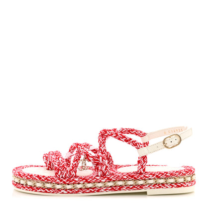 Chanel Lambskin Cord Chain CC Sandals 37 Red White 1 of 12