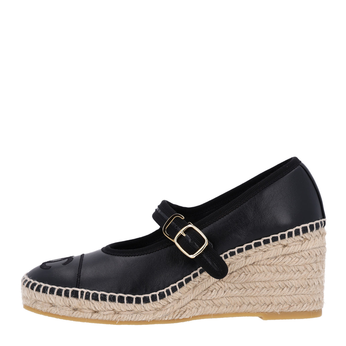 Chanel Lambskin Espadrille Mary Jane Wedges 37 Black 1 of 10