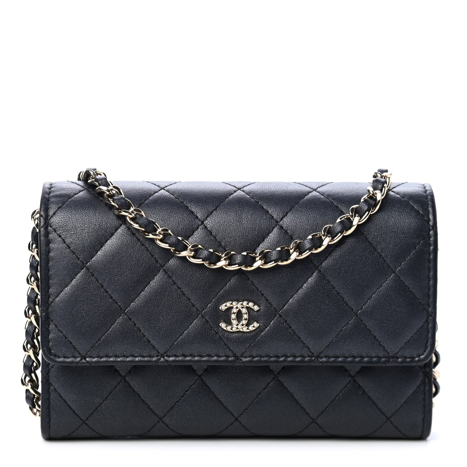 Chanel Lambskin Quilted Pearl Clutch With Chain Black 1 of 4
