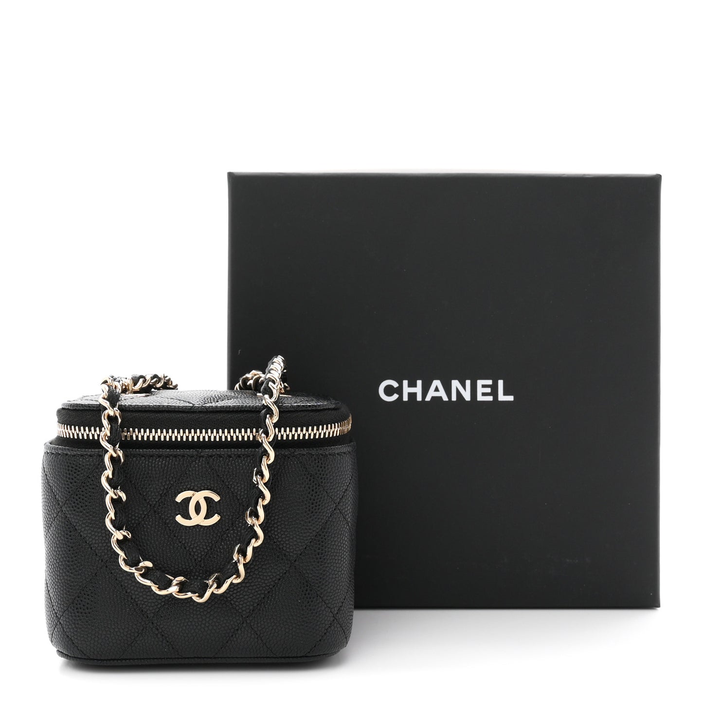 Caviar Quilted Mini Vanity Case With Chain Black