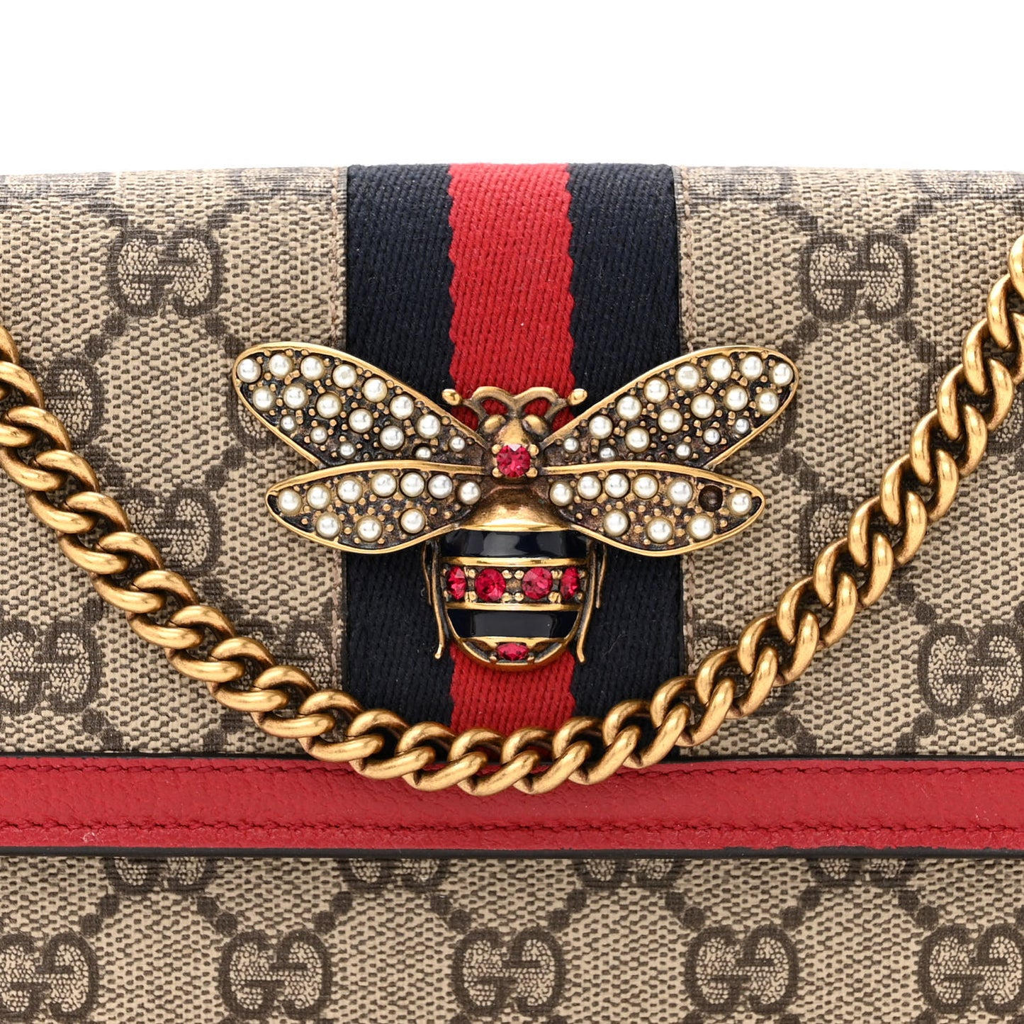 GG Supreme Monogram Web Queen Margaret Chain Wallet Red