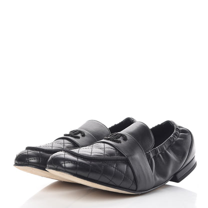Chanel Laminated Lambskin Womens Quilted Elastic CC Moccasin Loafers 37.5 Black 3 of 12