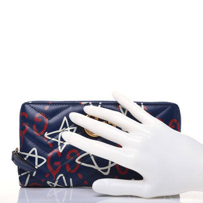 Gucci Calfskin Matelasse GucciGhost GG Marmont Zip Around Wallet Blue Agata Hibiscus Red 2 of 12