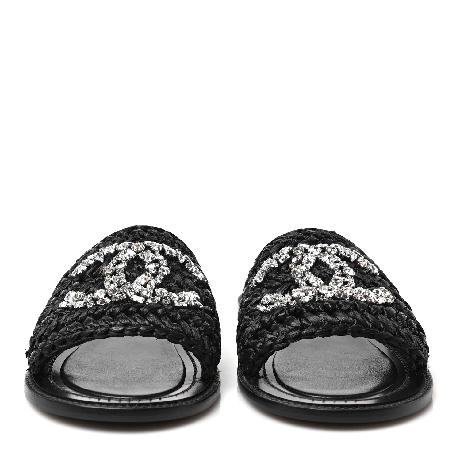 Chanel Raffia Crystal CC Mules Sandals 38.5 Black 2 of 9