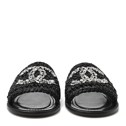 Chanel Raffia Crystal CC Mules Sandals 38.5 Black 2 of 9