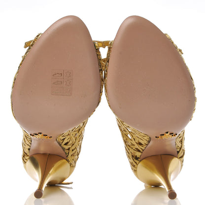 Prada Metallic Calfskin Woven Bow Peep Toe Pumps 39 Gold 7 of 17