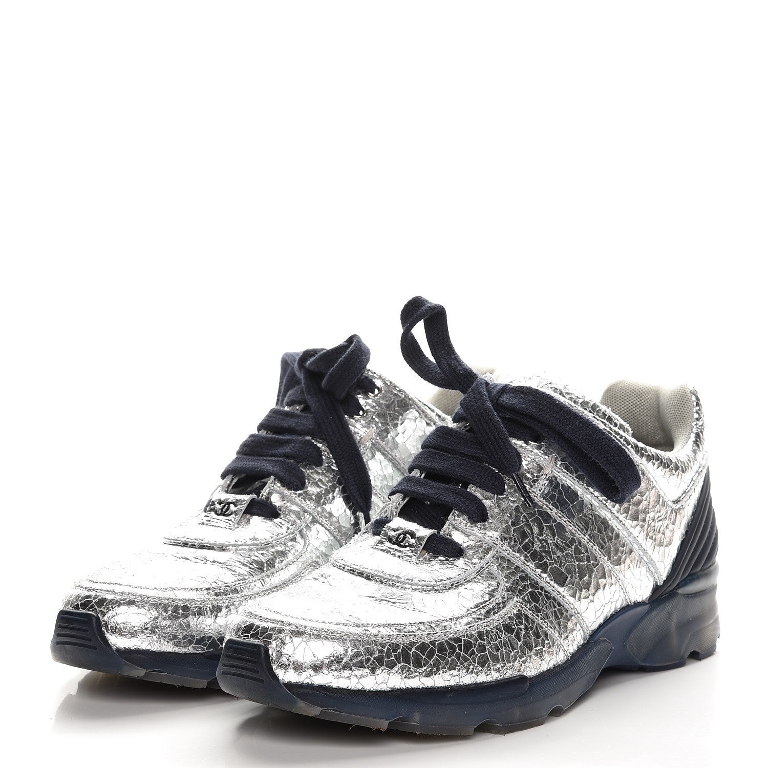 Chanel Metallic Crackled Calfskin CC Sneakers 40 Silver 3 of 9