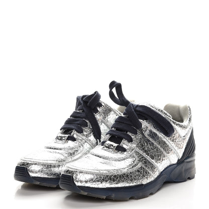 Chanel Metallic Crackled Calfskin CC Sneakers 40 Silver 3 of 9