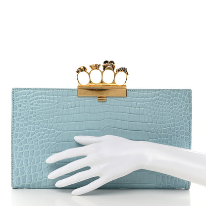Alexander McQueen ALEXANDER MCQUEEN Calfskin Crocodile Embossed Knuckle Flat Clutch Light Blue 2 of 10