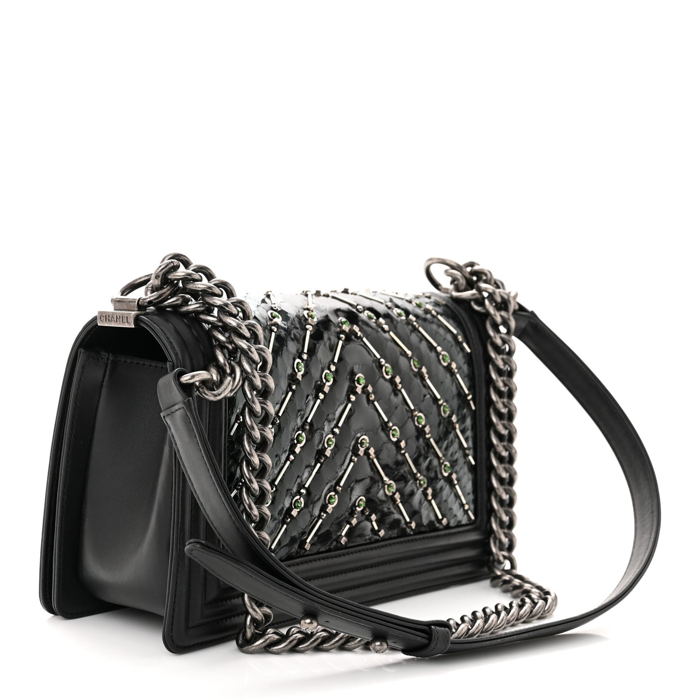 Lambskin Embroidered Snakeskin Chevron Medium Boy Flap Black Green