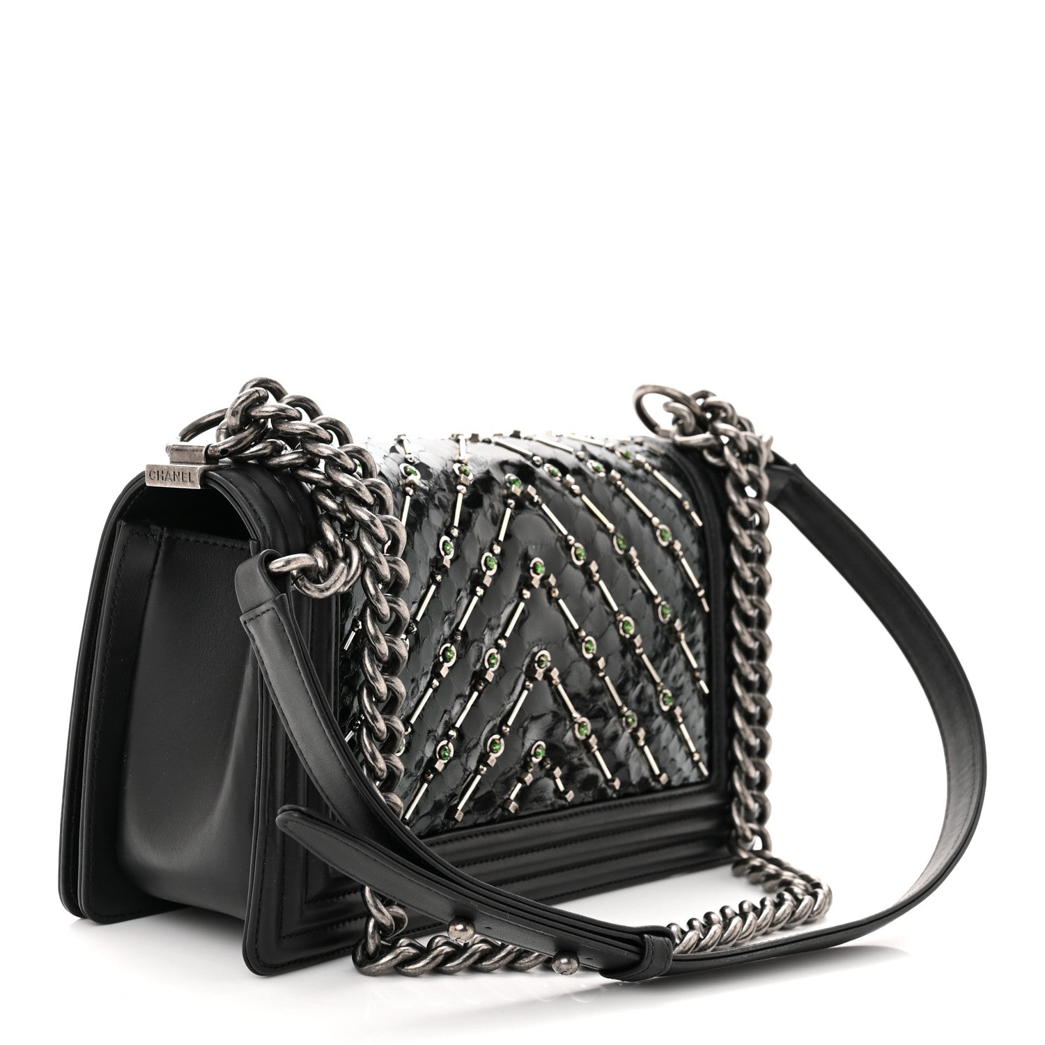 Chanel Lambskin Embroidered Snakeskin Chevron Medium Boy Flap Black Green 3 of 12