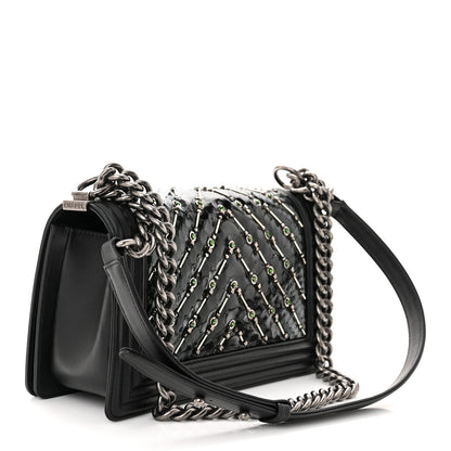Chanel Lambskin Embroidered Snakeskin Chevron Medium Boy Flap Black Green 3 of 12