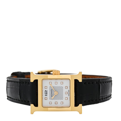 Hermes Stainless Steel Alligator Diamond Mother of Pearl 17.2mm Heure H Hour Quartz Watch Noir 2 of 5