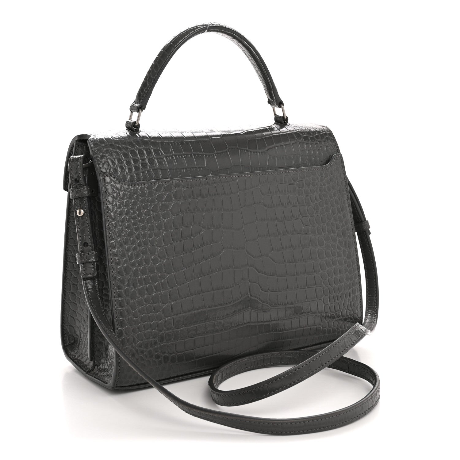 Saint Laurent Calfskin Crocodile Embossed Medium Classic Monogram Cassandra Top Handle Fog 3 of 16